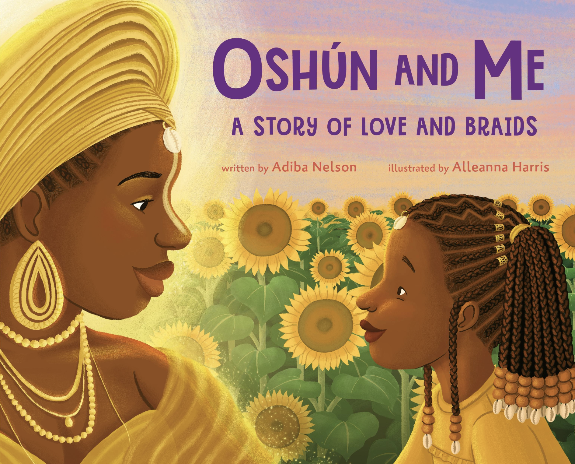 Oshún and Yadira face each other in a sunflower patch.  Oshún wears a gold gele, and Yadira wears braids with wooden beads.  