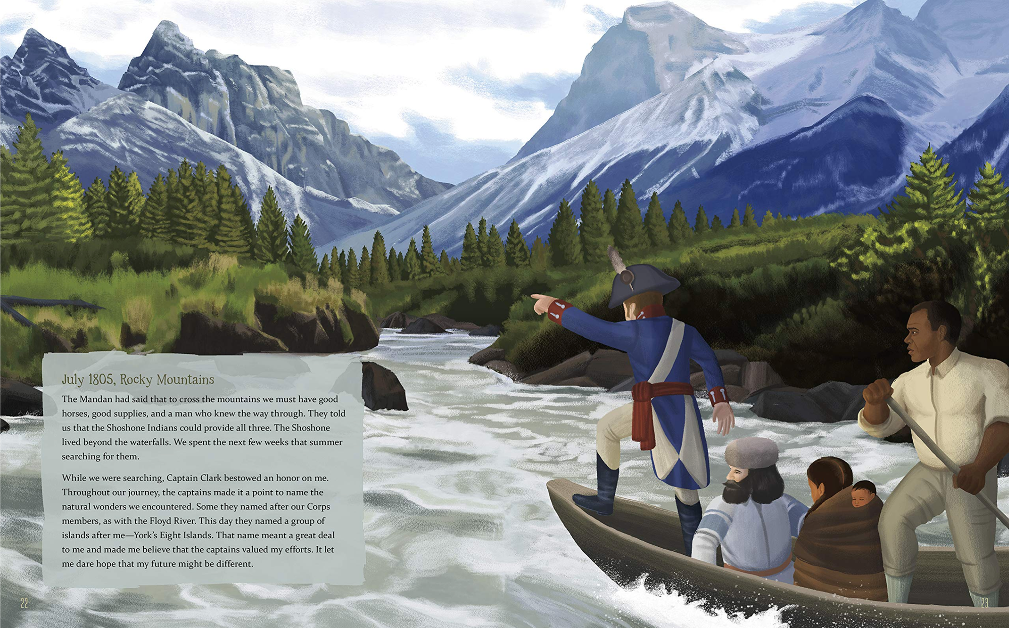 Lewis and Clark travel towards the Rocky Mountains on boat with Sacagawea and York.