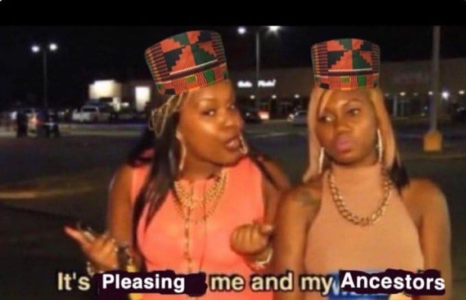 Two Black women wear kente kufis. The text reads, "It's pleasing me and my ancestors."