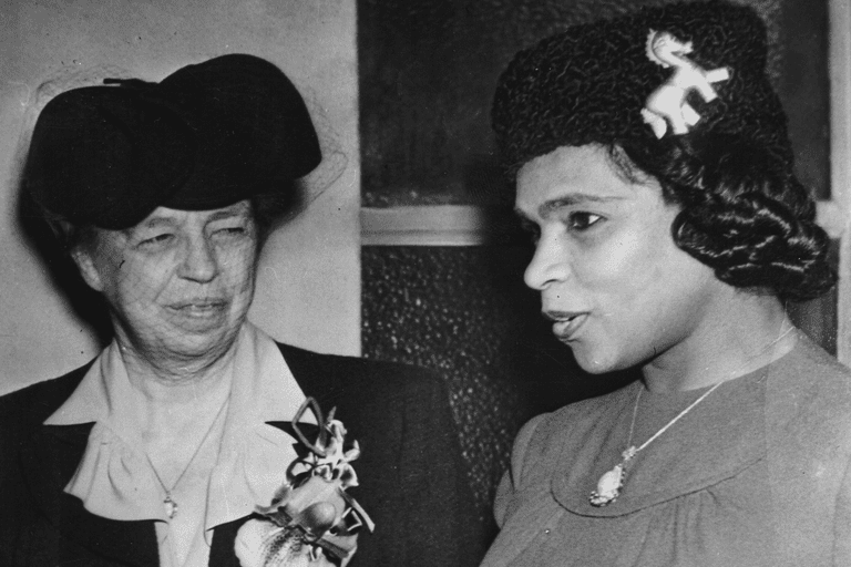 Eleanor Roosevelt and Marian Anderson in conversation. Courtesy of PhotoQuest and Getty Images.