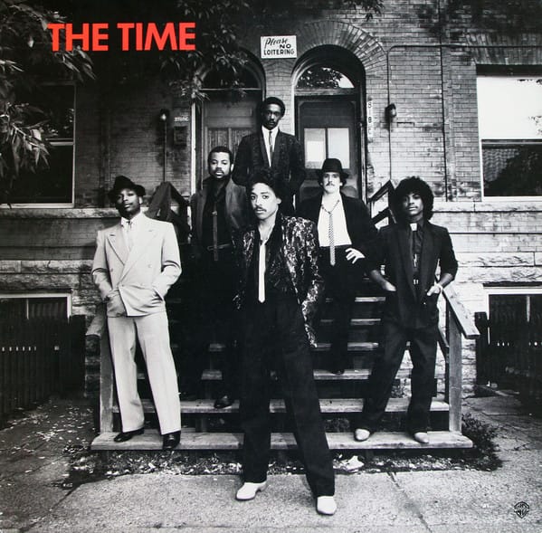 Morris Day's band, The Time. Terry Lewis and Jimmy Jam are on the left. Photo of the 1981 debut album of The Time