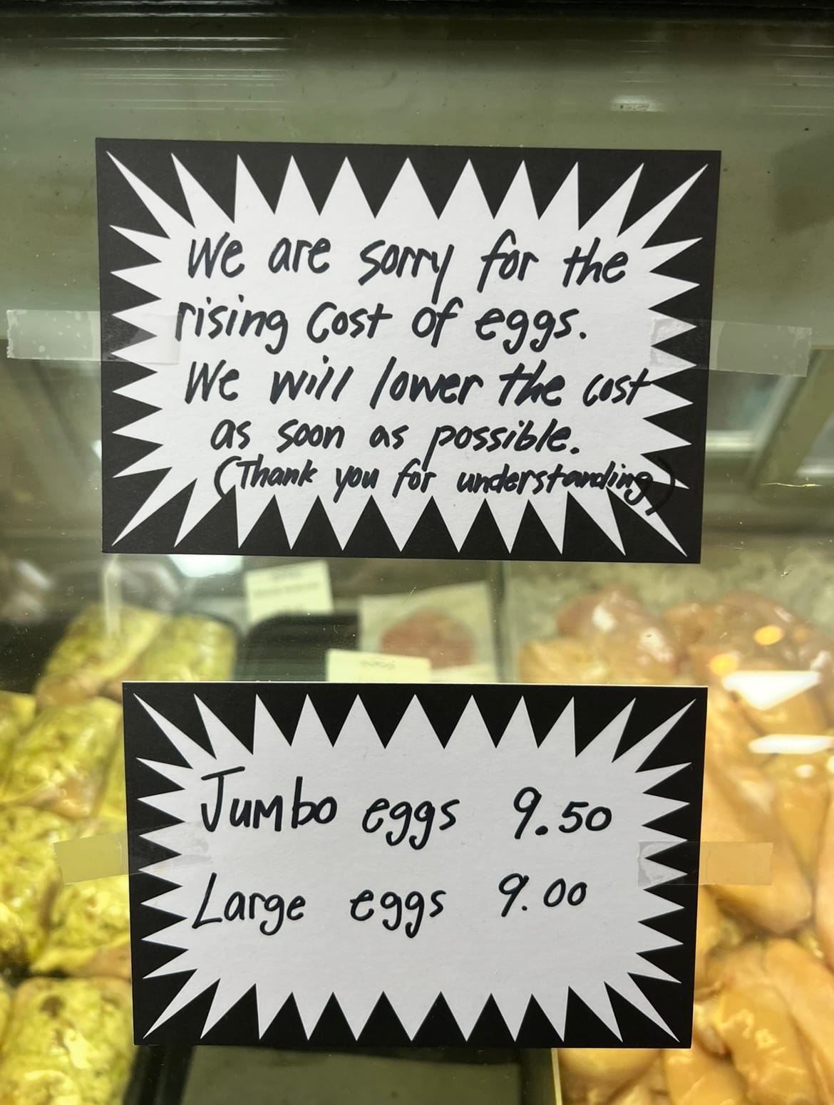 The poultry section at the Amish Market. The post its apologize for the rising cost of eggs. Jumbo eggs 9.50 and large eggs 9.00.