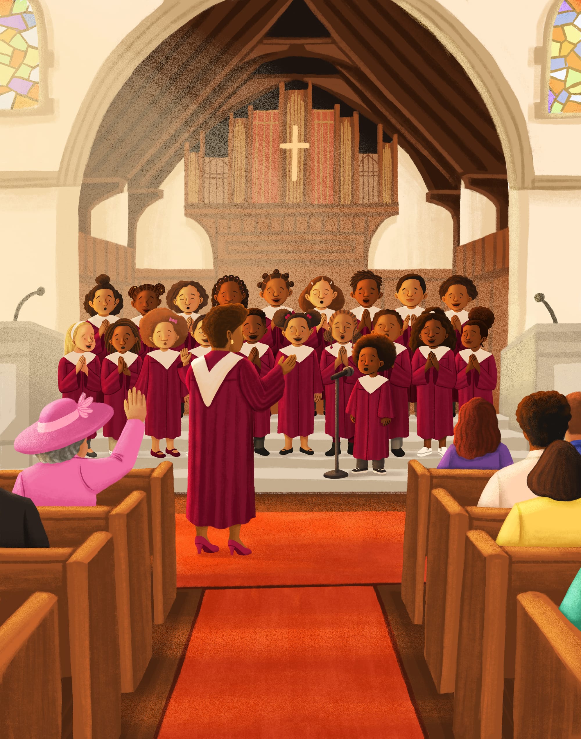 A little boy sings his first church youth choir solo as the congregation looks on. illustration by Alleanna Harris.