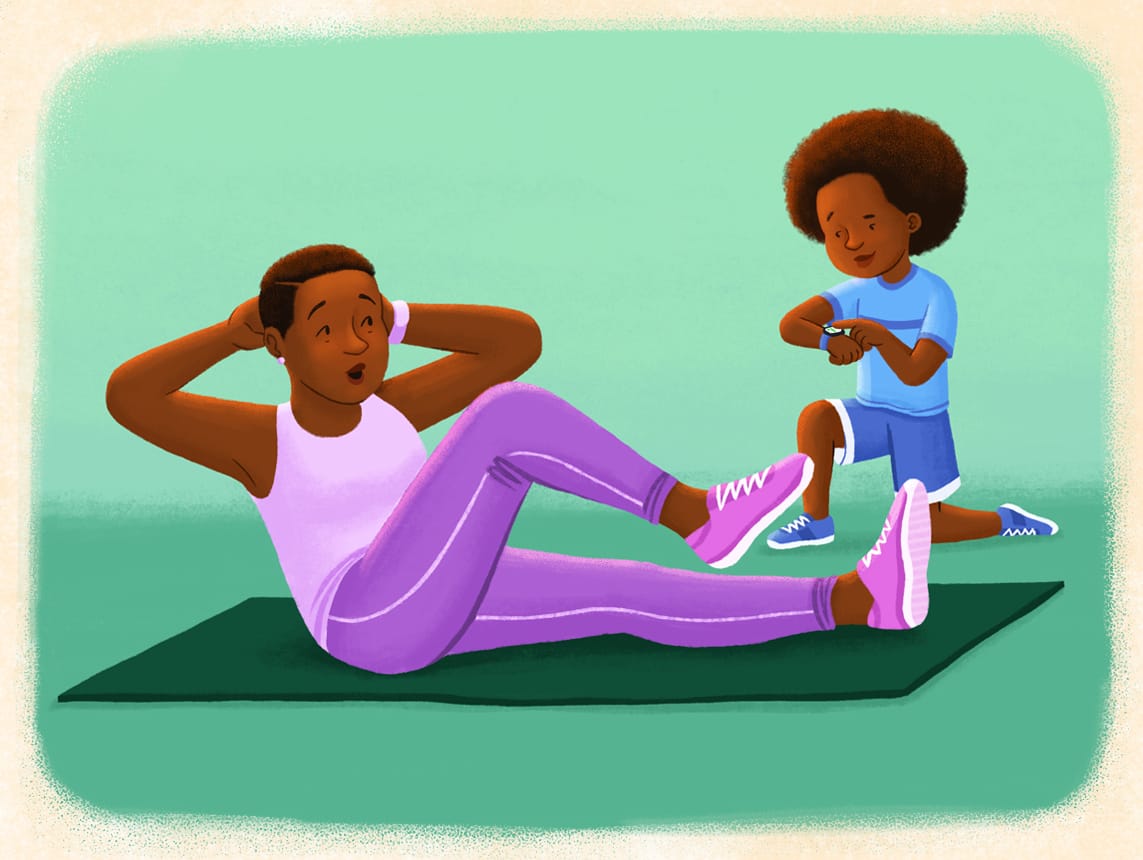 The mom from All the Greatness in You exercises as her young son keeps time. Illustration by Alleanna Harris.