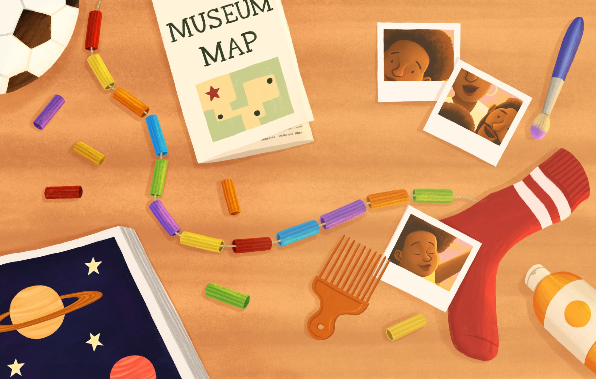 The first set of endpapers in All the Greatness in You. A top view of a hardwood floor of a young boy's room.