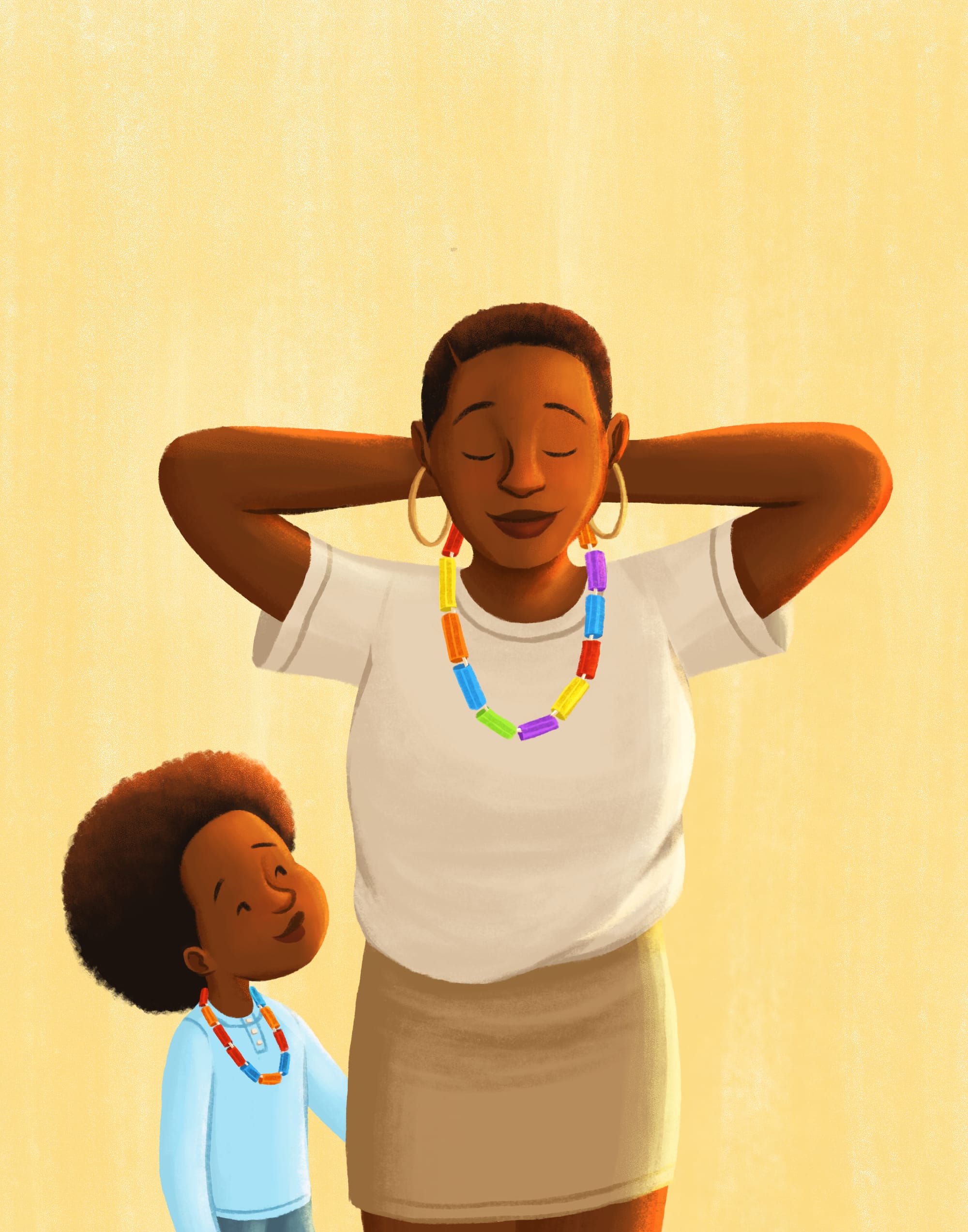 The mom in All the Greatness in You tries on her macaroni necklace as her young son looks on. Illustration by Alleanna Harris.