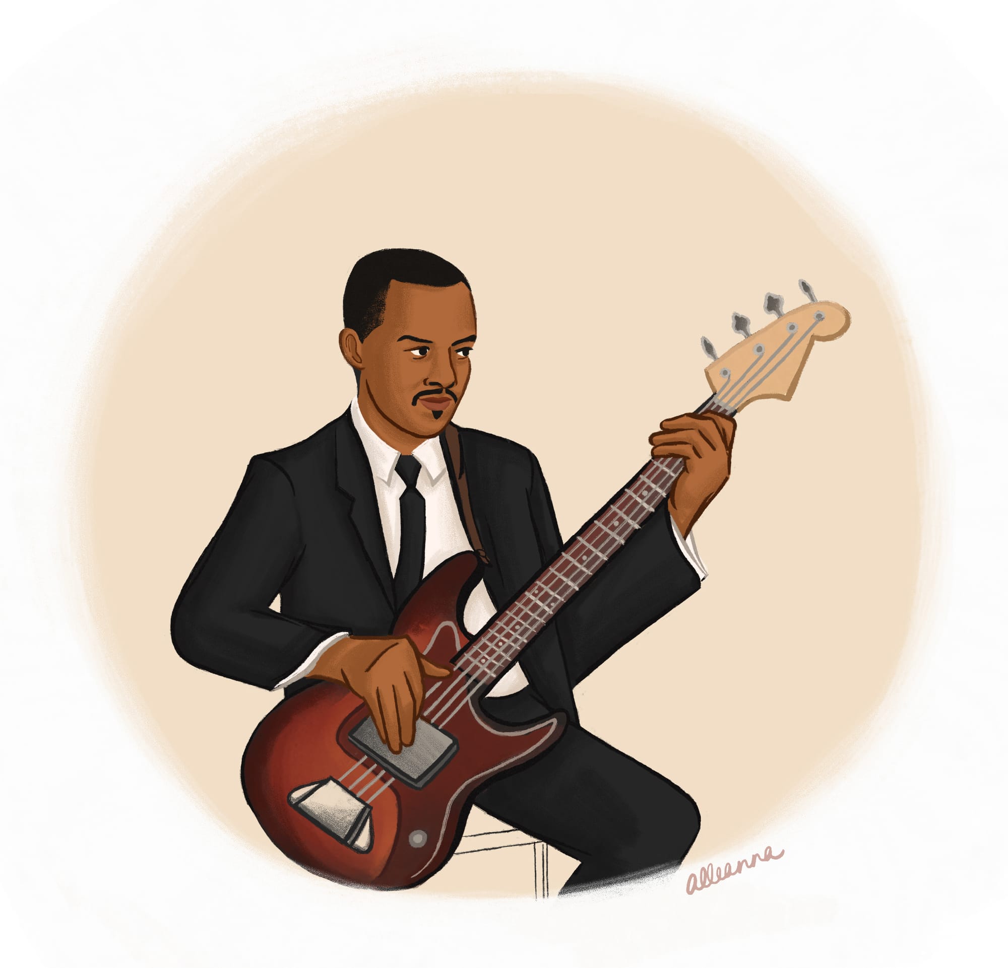 The legendary bass player James Jamerson with his Fender Precision bass. Illustrated by Alleanna Harris.