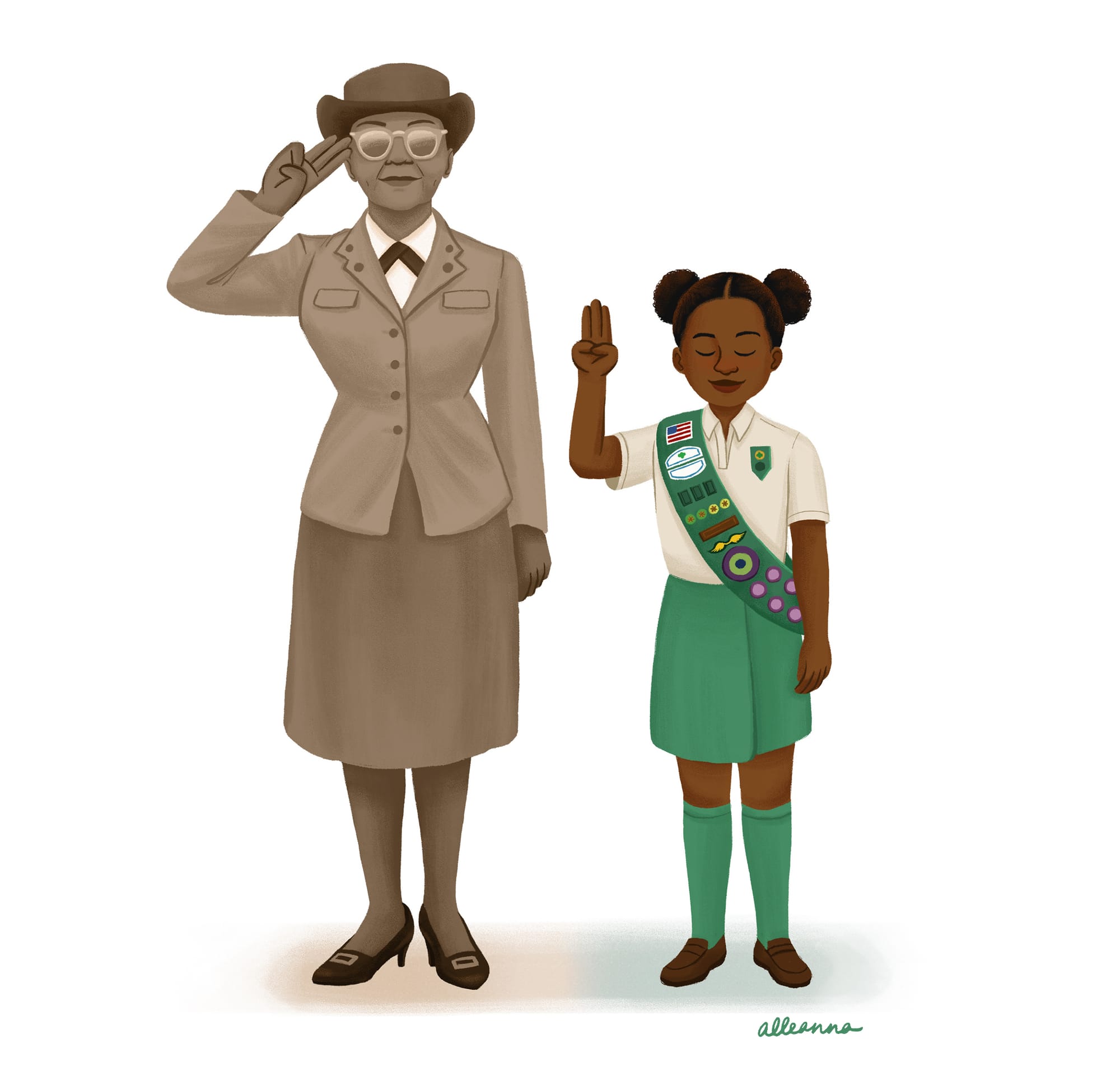 an illustration of the first Black Girl Scout Troop Leader, Josephine Holloway, and a Black Junior Scout.