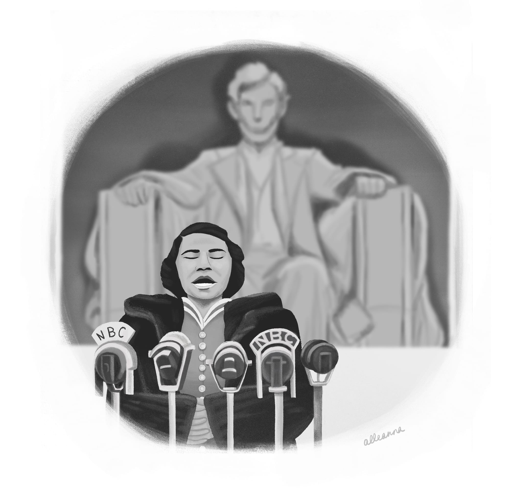 an illustration of the classical singer Marian Anderson singing at Lincoln Memorial by Alleanna Harris