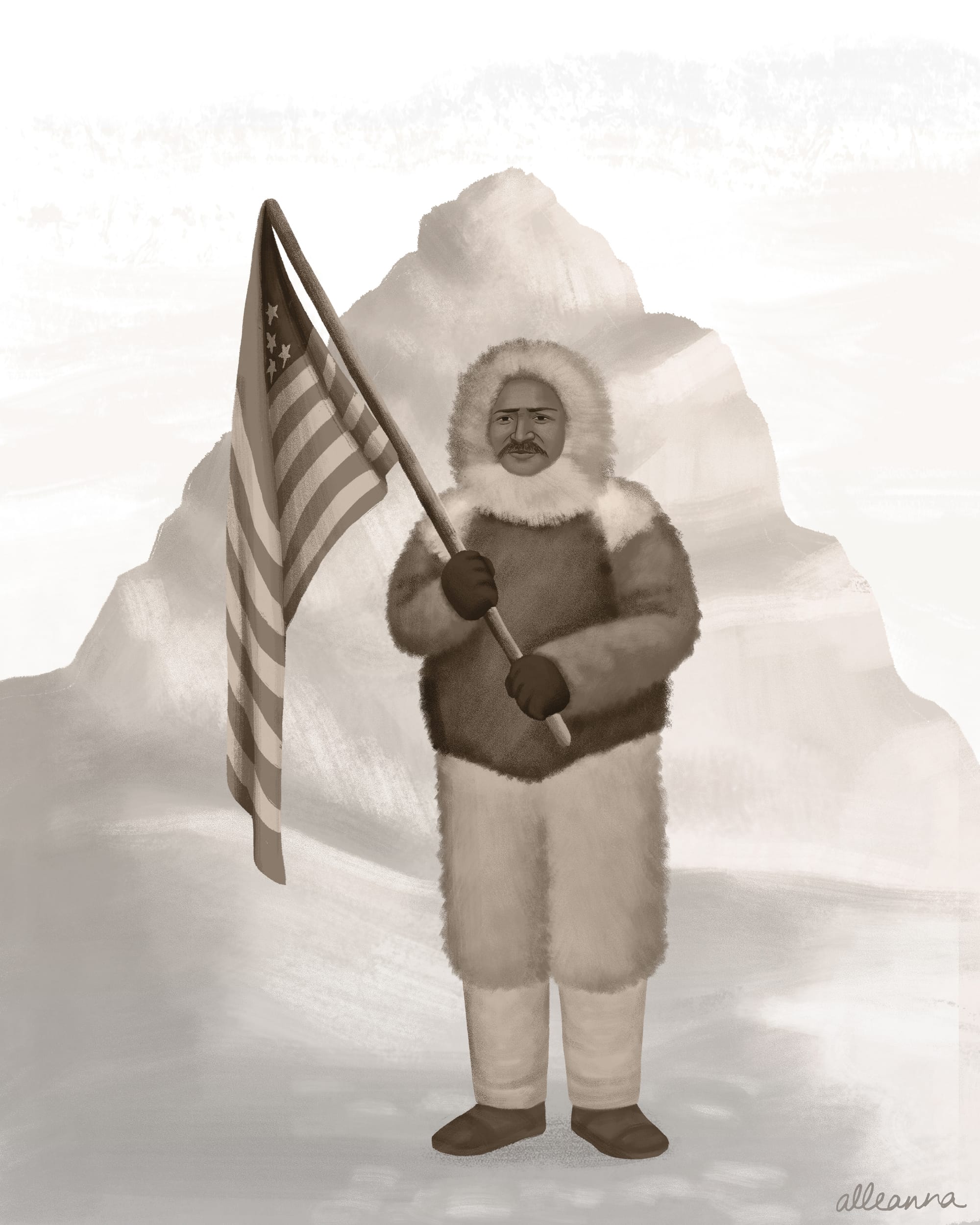 an illustration of the first Black Arctic explorer, Matthew Henson, by Alleanna Harris