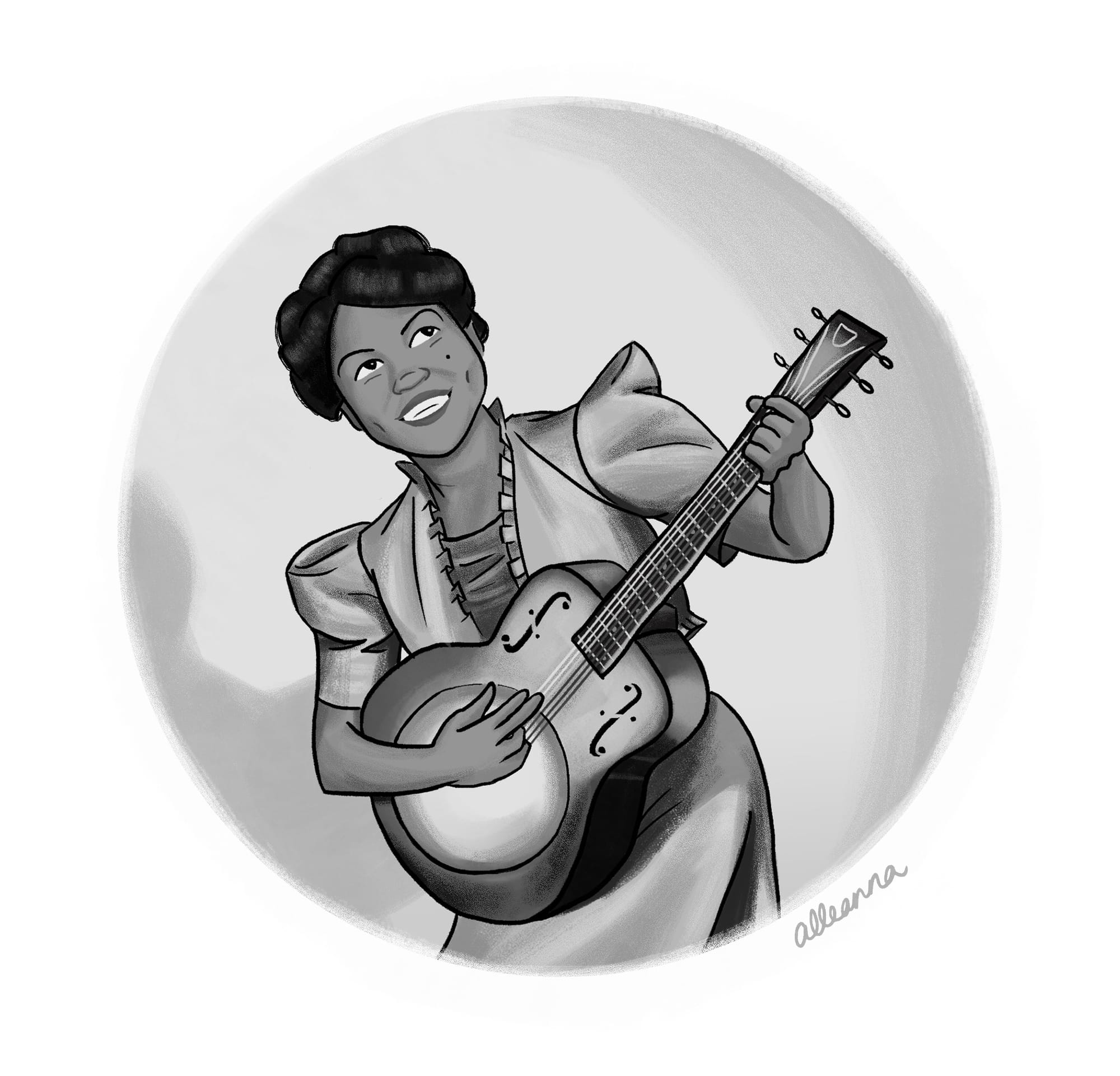 An illustration of legendary music artist Sister Rosetta Tharpe and her electric guitar