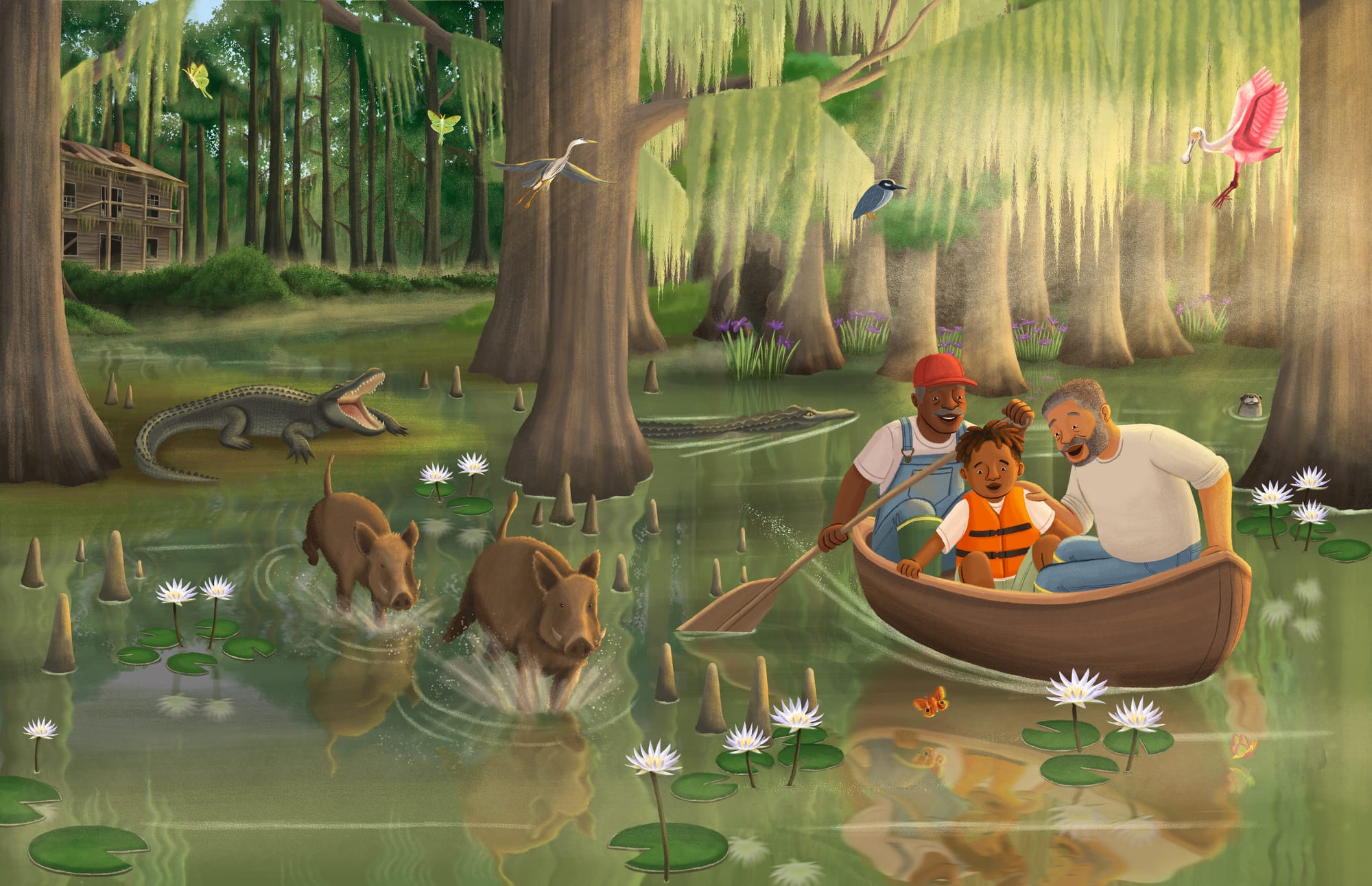 The final illustration for Down on the Bayou's wraparound cover, illustrated by Alleanna Harris.
