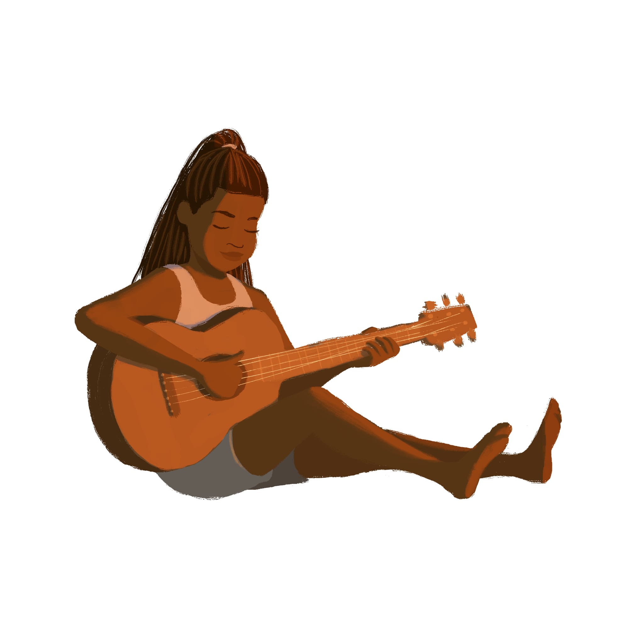 An illustration of a girl with box braids playing guitar. By Alleanna Harris.