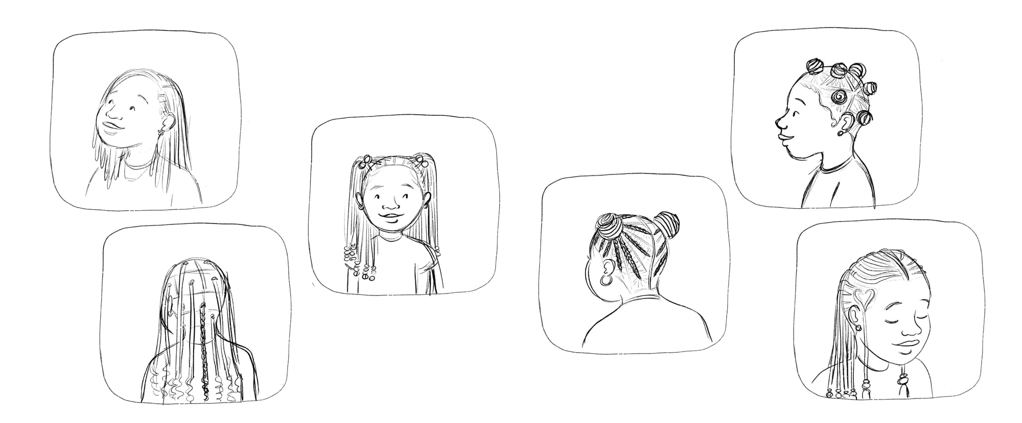 Sketches of braided hairstyles, illustrated by Alleanna Harris for Oshún and Me by Adiba Nelson.