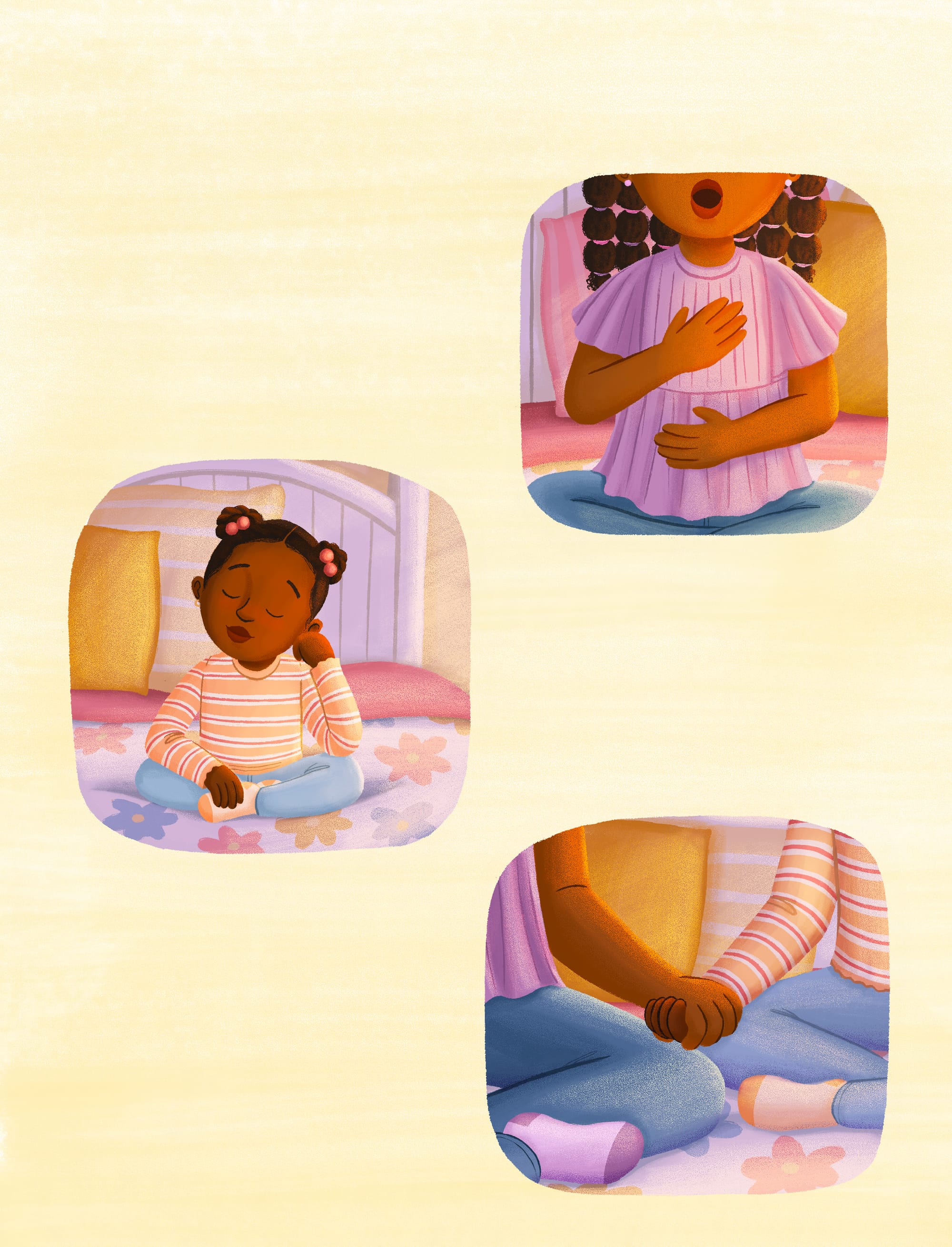 Two sisters sit on the bed and pray together. From Prayer Is, written by Tameka Fryer Brown and illustrated by Alleanna Harris.&nbsp;