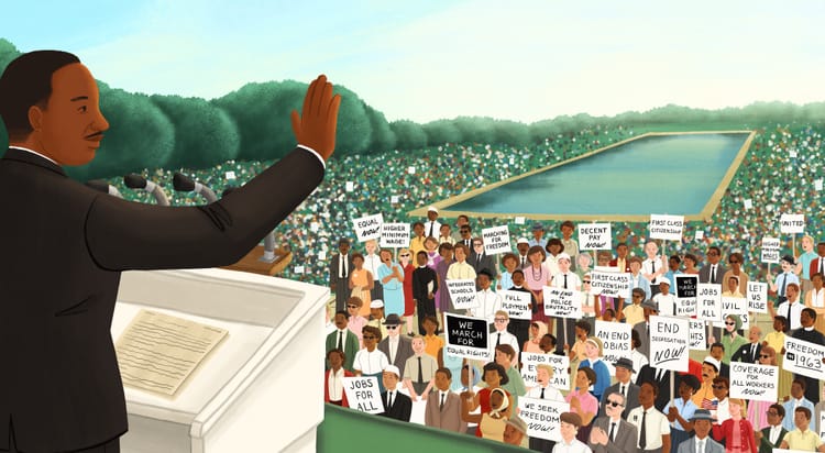 MLK at the March on Washington. Illustration by Alleanna Harris from Recipes for Change, written by Michael Platt. 
