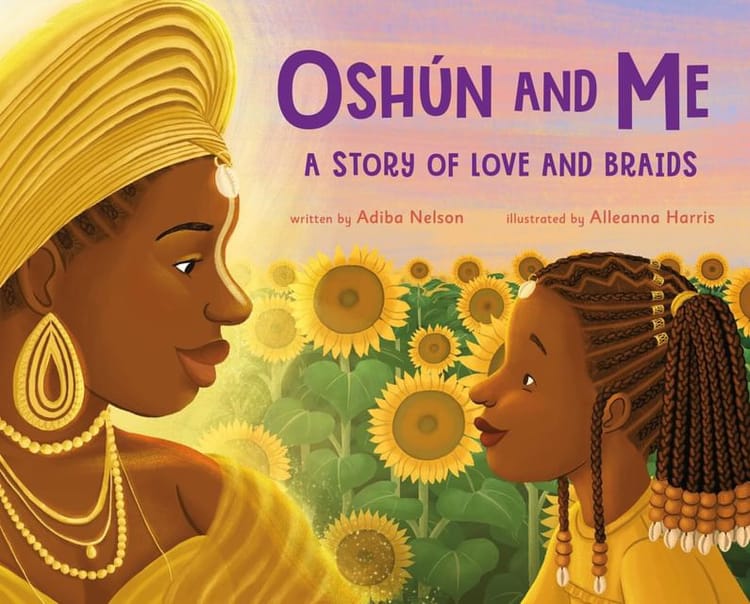 The goddess Oshún and a little Afro-Latina girl named Yadira face each other in a sunflower patch.