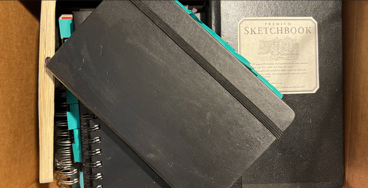 A photo of a cardboard box full of Alleanna's old sketchbooks.
