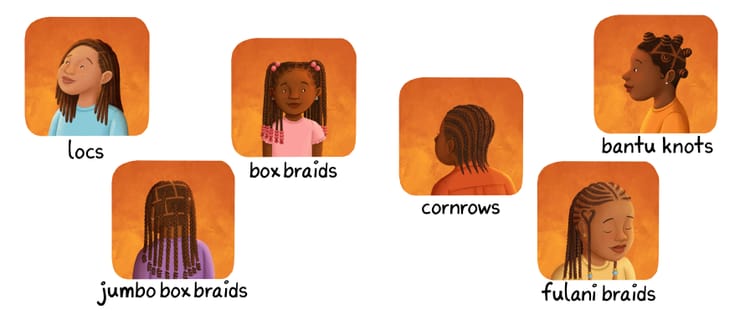 Braided hairstyles, illustrated by Alleanna Harris for Oshún and Me by Adiba Nelson.