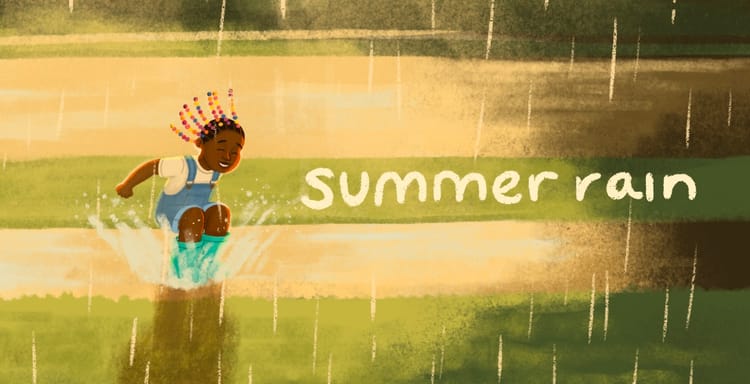 summer rain illustration by alleanna harris. a Black girl with beads in her hair jumps in a puddle.