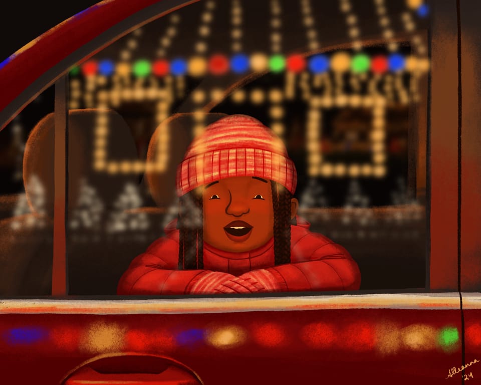 A young Black girl looks at Christmas lights in wonder. By Alleanna Harris.