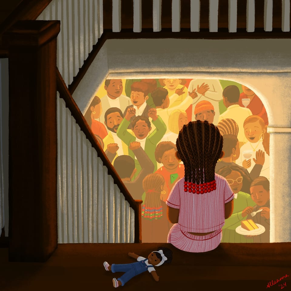 A little Black girl sits at the top of the steps and looks down on a holiday party.