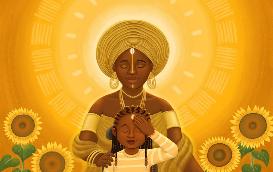 Yadira touches the cowrie shell hanging from her cornrows. Oshún stands behind her while sunflowers grow around them.