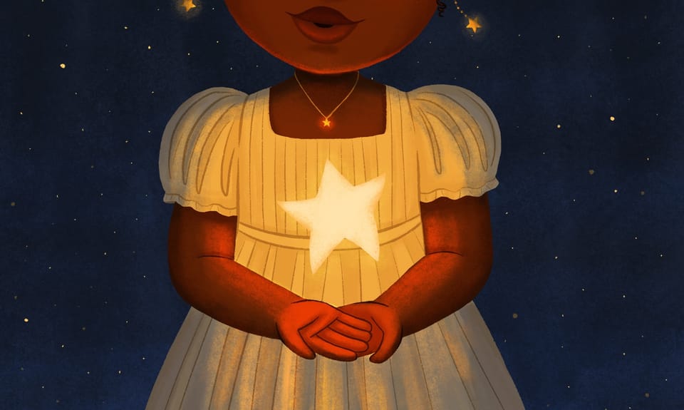 A young Black girl sings while holding a floating star. Her afro puffs are shaped like stars and have a slight glow.