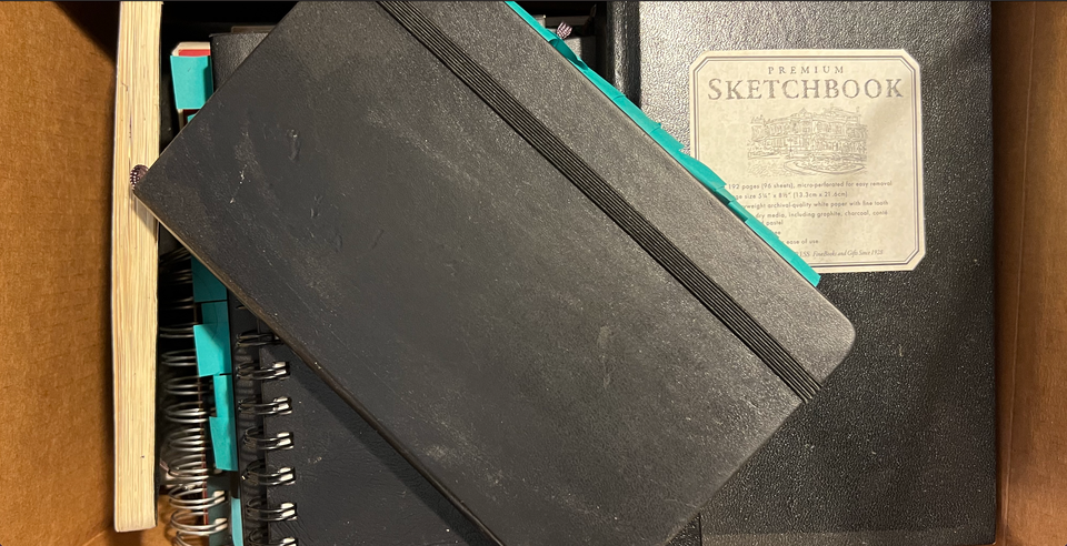 A photo of a cardboard box full of Alleanna's old sketchbooks.