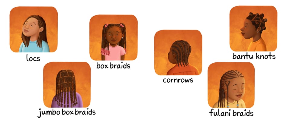 Braided hairstyles, illustrated by Alleanna Harris for Oshún and Me by Adiba Nelson.